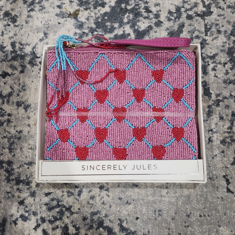 Sincerely Jules Pink Beaded Heart Wristlet Clutch Bag Tassel FPK-HB-01023 New